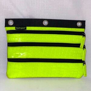 Neon Yellow Green Pencil Supplies Case 3 Section Organize Ring Bind School Fall